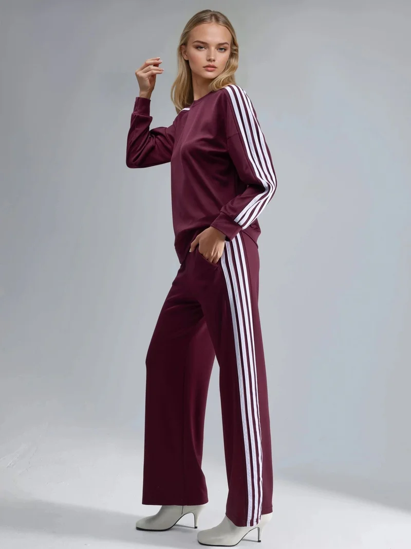 هيكاب طقم قطعتين من سويت شيرت بياقة دائرية مخطط من مودال وبنطلون مستقيم من مجموعة بيرسان